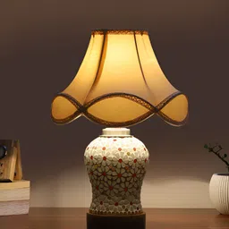 Devansh Off White & Red Printed Wooden Frustum Shaped Table Lamp With Mosaic Glass Base image 2