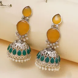 JEWILLEY Parnika Silver-Plated Artificial Stones Studded & Beaded Oxidised Jhumkas-image-87