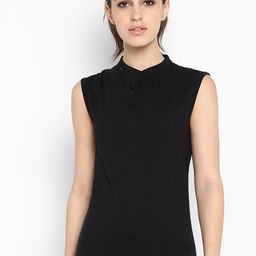 appulse Women Black Solid Mandarin Collar T-shirt-34