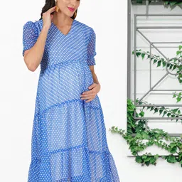 angloindu Women Polka Dots Printed Georgette Maternity Puff Sleeves Fit & Flare Midi Dress-picture-7