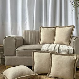 EXPORT HOUSE Cream-Coloured & Brown 5 Pieces Solid Square Cushion Covers-1