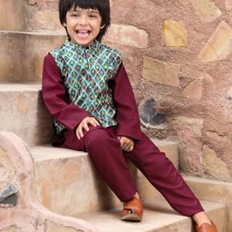 Babyhug 100% Cotton Full Sleeves Kurta Payjama Set With Waistcoat Kite Print - Purple & Blue-image-47