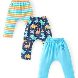 Babyhug Cotton Knit Full Length Striped & Dino Printed Diaper Pants Pack of 3 - Multicolour-image-12