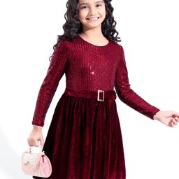 Hola Bonita Full Sleeves Knee Length Sequin and  Velet Party Dress - Maroon-picture-6
