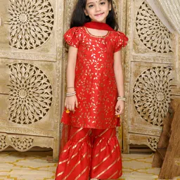 Saka Designs By Sapna Half Puffed Sleeves Leaf Swirl Foil Printed & Gota Lace Embellished Kurta & Sharara Set - Red & Golden-picture-47