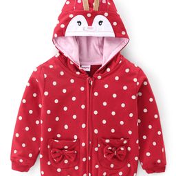 Babyhug 100% Cotton Knit Full Sleeves Hooded Sweatjacket With Animal Embroidery & Dots Print - Red-picture-21
