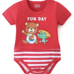 Babyhug 100% Cotton Knit Half Sleeves Onesie Striped & Teddy Print - Red-image-37