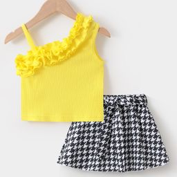 Kookie Kids Sleeveless Top & Skirt With Checkered - Yellow White & Black-image-43