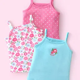 Babyhug 100% Cotton Knit Sleeveless Slips with Floral Print Pack of 3 - Pink White & Blue-picture-33