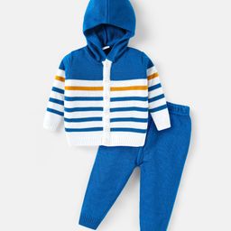 Babyhug Knitted Full Sleeves Front Open Hooded Sweater & Pant With Striped Design - Blue-5