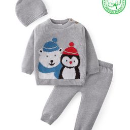 Babyhug Knitted Full Sleeves Pullover Sweater Set with Cap Polar Bear & Penguin Design - Grey-image-17