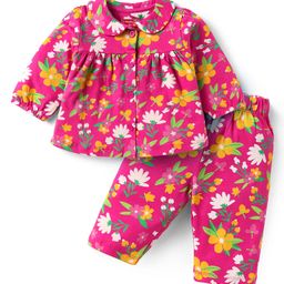 Babyhug Cotton Knit Full Sleeves Peter Pan Collared Night Suit With Floral Print - Dark Pink-picture-16