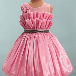 Bluebell Satin Knit Sleeveless Balloon Dress with Floral Applique & Lace Detailing - Pink-picture-17