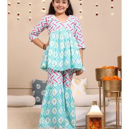 Budding Bees Three Fourth Sleeves Floral Printed & Lace Embellished Coordinating Top Sharara With Scrunchies - Blue-image-29