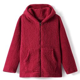 Kanvin Fleece Woven Full Sleeves Solid Colour Hooded Winter Jacket With Kangaroo Pockets - Red-image-76