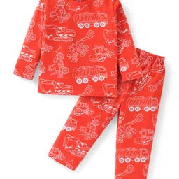 Babyhug Cotton Knit Full Sleeves Night Suit With Construction Vehicles Print - Red-picture-35