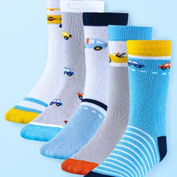 Cute Walk by Babyhug Anti-Bacterial Ankle Length Socks with Stripes & Car Design Pack of 5 - Blue-picture-37