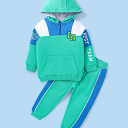 Babyhug Terry Knit Full Sleeves Hooded Cut & Sew Sweatshirt & Lounge Pant Set with Kangaroo Pockets Text Print & Embroidery - Sea Green-image-36