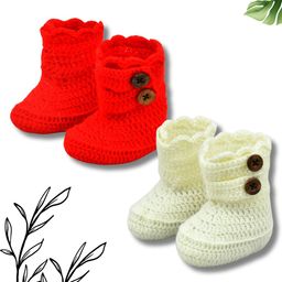 Funkrafts Pack Of 2 Handmade Crochet Woollen Solid Baby Booties - Red & Off White-16