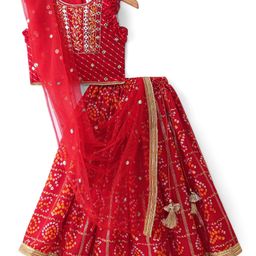 Babyhug Woven Sleeveless Bandhani Print & Mirror Embroidered Choli Lehenga Set with Dupatta & Lace Detailing - Red-picture-0