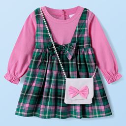 Babyhug Cotton Woven Full Sleeves Checkered Frock with Sling Bag & Bow Applique - Pink-image-48