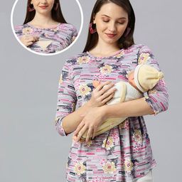 True Shape Three Fourth Sleeves Floral Printed Maternity Top With Two Layer Lift Nursing Access - Grey-image-61