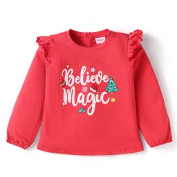 Babyhug Cotton Knit Full Peasant Sleeves Believe in Magic Printed Top with Frill Detailing - Red-image-65