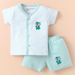 Little Darlings Interlock Knit Half Sleeves Shorts Night Suit with Animal Print & Stripes - Turquoise-image-80