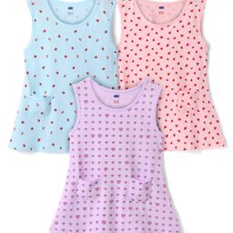 Simply Sinker Knit Sleeveless Frocks with Strawberry & Hearts Print Pack of 3 - Aqua Blue Pink & Lilac-picture-28