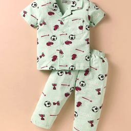 Smarty Boys Sinker Knit Half Sleeves Night Suit With Football Print - Mint Green-image-26