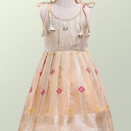 Bhartiya Paridhan Silk Woven Sleeveless Foil Printed Ethnic Dress with Gota Patti Detailing - Beige-image-84