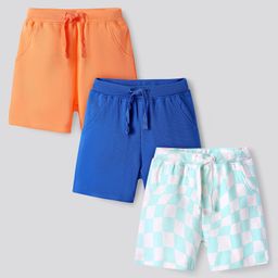 Bonfino 100% Cotton Knit Above Knee Length Checkered Shorts Pack of 3 - Light Blue Orange & Blue-image-76