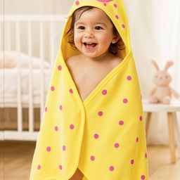 Babyhug Terry Knit Hooded Towel With Polka Dots & Apple Print L 77 x B 72 cm - Yellow-image-70