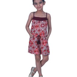 Creative Kids Viscose Woven Sleeveless Damask Printed Jumpsuit - Maroon & Brown-image-4