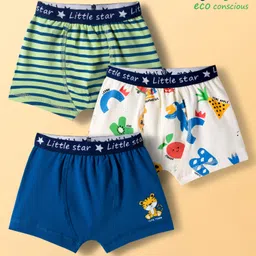 Babyoye 100% Cotton Knit Trunks With Stripes Animal & Text Print Pack of 3 - Green White & Blue-picture-0