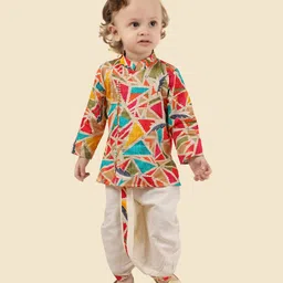 little desi Cotton Woven Full Sleeves Triangles Printed Kurta Dhoti Set - Multi Colour-picture-0