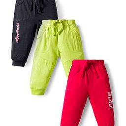 Doodle Poodle 100% Cotton Knit Full Length Lounge Pants with Text Print & Pockets Pack of 3 - Red Black & Limegreen-picture-26