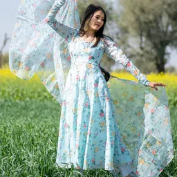 Krunal Raiyani Floral Printed Fit & Flare Kurta With Dupatta-picture-22