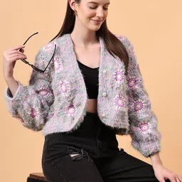 Velvery Women Fur Detailed Crochet Crop Cardigan-picture-1