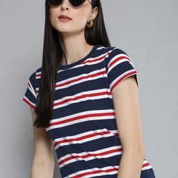 Harvard Women Navy Blue & White Multi Or Variegated Stripes Nautical Round Neck T-shirt-image-87
