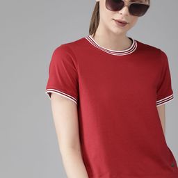 Roadster Women Red Solid Round Neck Pure Cotton T-shirt-image-13