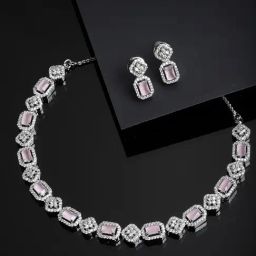 Panash Rhodium Plated & Pink AD Studded Jewellery Set-image-13
