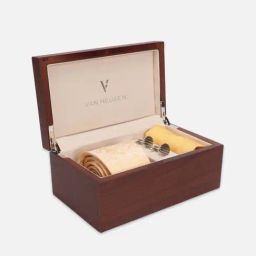 Van Heusen Yellow Embroidered Tie with Pocket Square & Cufflinks-picture-14