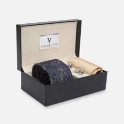 Van Heusen Blue & Beige Embroidered Tie with Pocket Square & Cufflinks-image-10