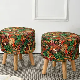 RIANCE CREATIONS 2 Pieces Black & Green Printed Round Shape Ottomans-9