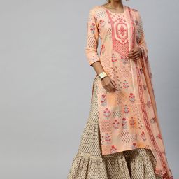 SheWill Women Peach-Coloured Ethnic Motifs Embroidered Gotta Patti Kurta with Sharara & With Dupatta-picture-14