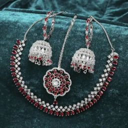Zeneme Silver Plated Red AD Stone Studded Jewellery Set-image-77