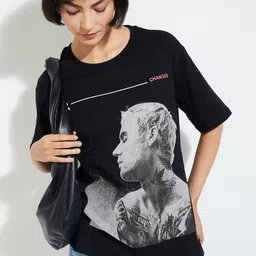 max Graphic Printed Round Neck Extended Sleeves Pure Cotton T-shirt-image-99