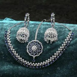 Zeneme Silver Plated Blue White AD Stone Studded Jewellery Set-picture-16