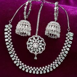 Zeneme Lime Green Silver Toned Green AD Stone Studded Jewellery Set-13